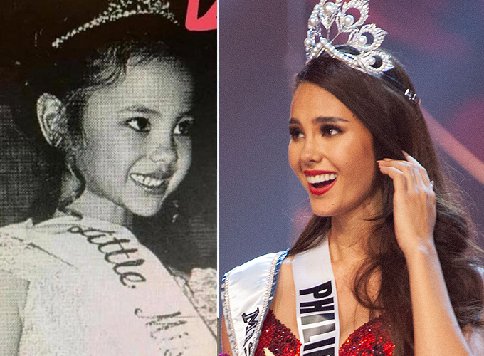 Hoa hậu Hoàn vũ 2018 Catriona Gray có nhan sắc tự nhiên quyến rũ với gương mặt thanh tú, đôi mắt sáng và nụ cười đẹp rạng rỡ. Ngay từ thời bé, Catriona đã xinh như búp bê. Năm 1999, khi đang ở Australia, Catriona đã được bố mẹ cho tham gia cuộc thi Little Miss Philippines và giành chiến thắng.